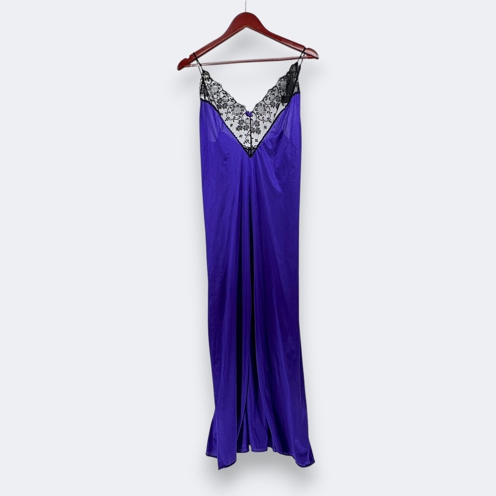Colesce Couture Vintage Lingerie Nightgown Size L Satin Lace Maxi Slit FLAW